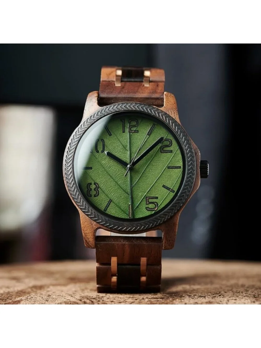 Natural Wooden Men's Watch - Minimalist Japanese Quartz, Unique Leaf Vein Dial